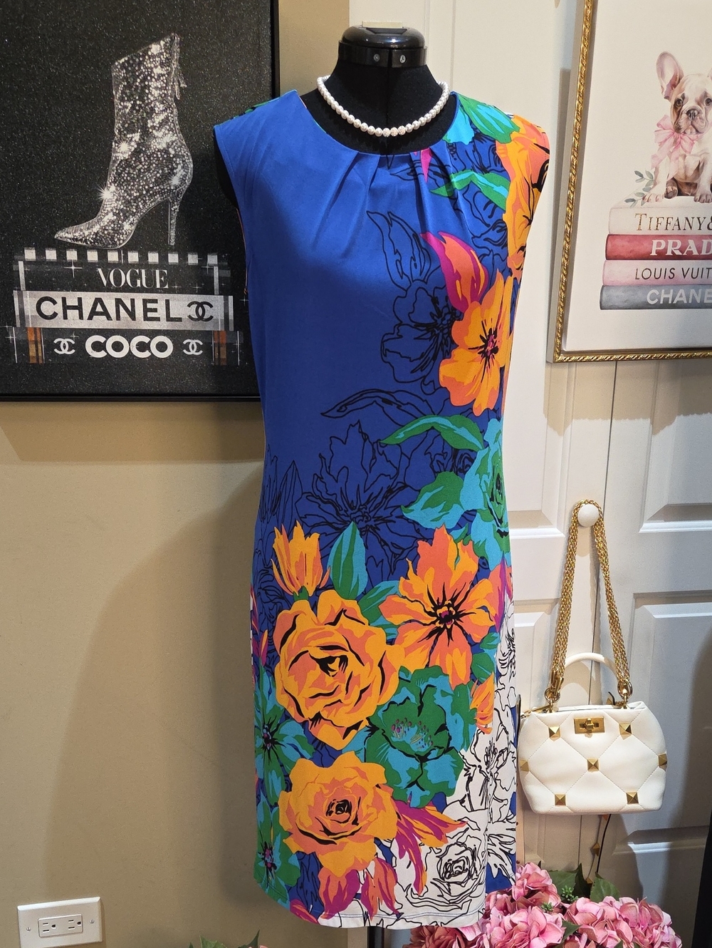 Medium Lemmi For Nina Leonard Bright Blue Floral Midi Dress with Bold Multicolor